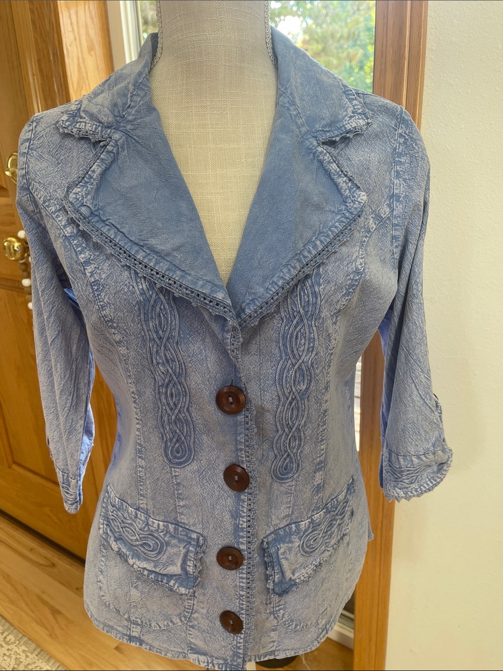 Women's Light Blue Embroidered Denim Jacket with Button Front